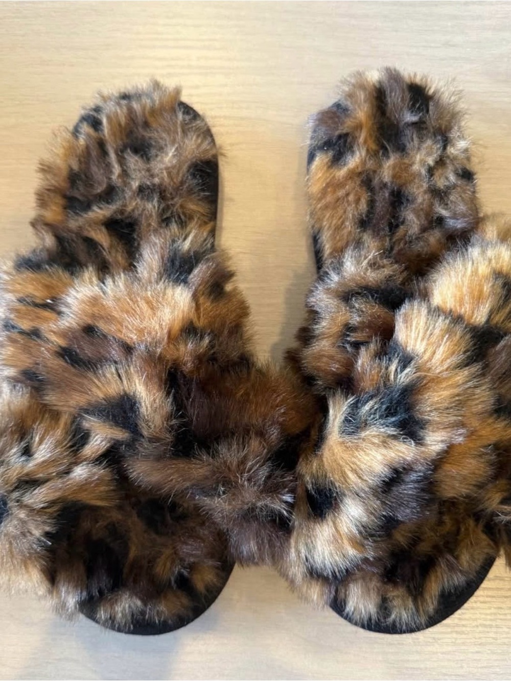 Abercrombie & Fitch Leopard Faux-Fur Slide Sandals in Brown and Black